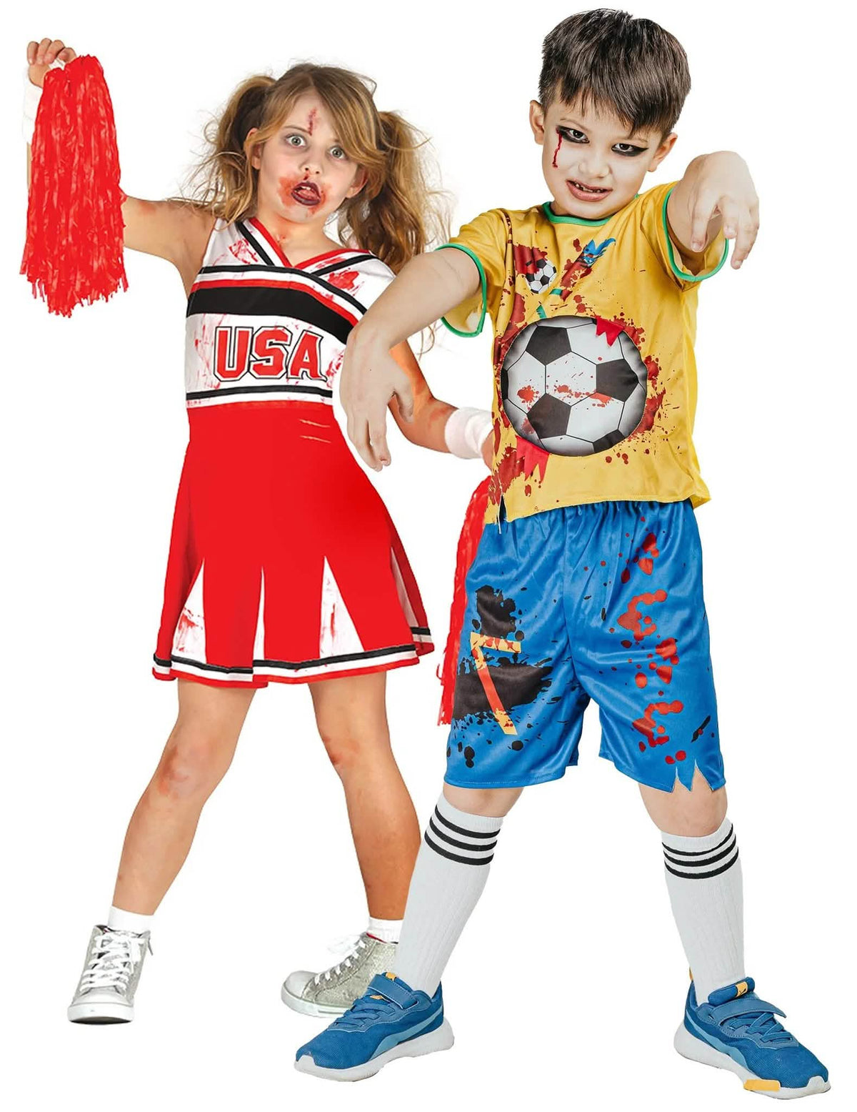 Zombie Cheerleaderin und Zombie Fußballer Paarkostüm für Kinder