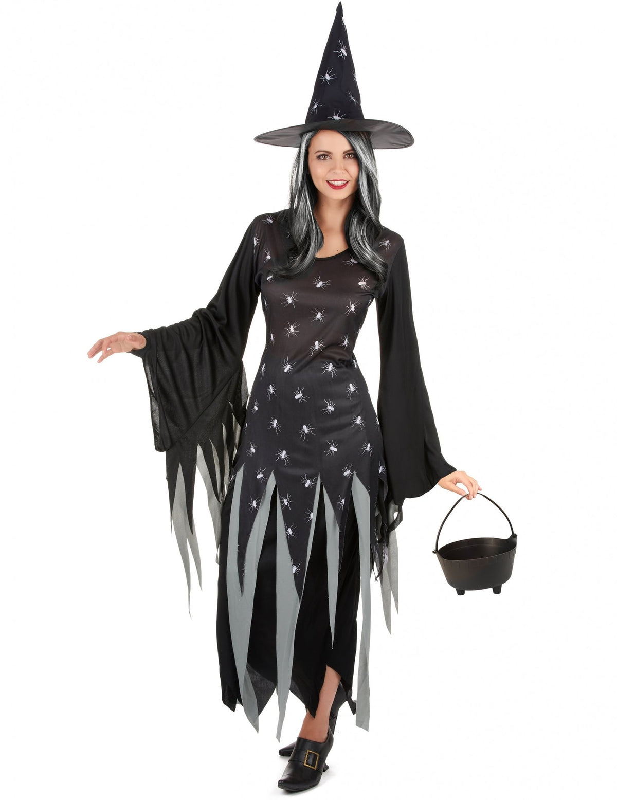 Hexe Kostüm-Set mit Hexenkessel und Perücke schwarz-grau