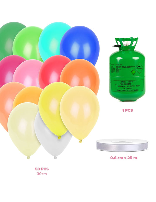 Helium Flaschen Set mit 50 bunten Ballons