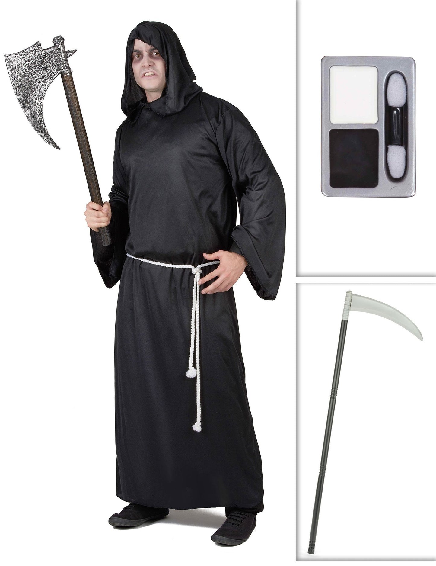 Pack déguisement faucheur avec faux et maquillage Halloween