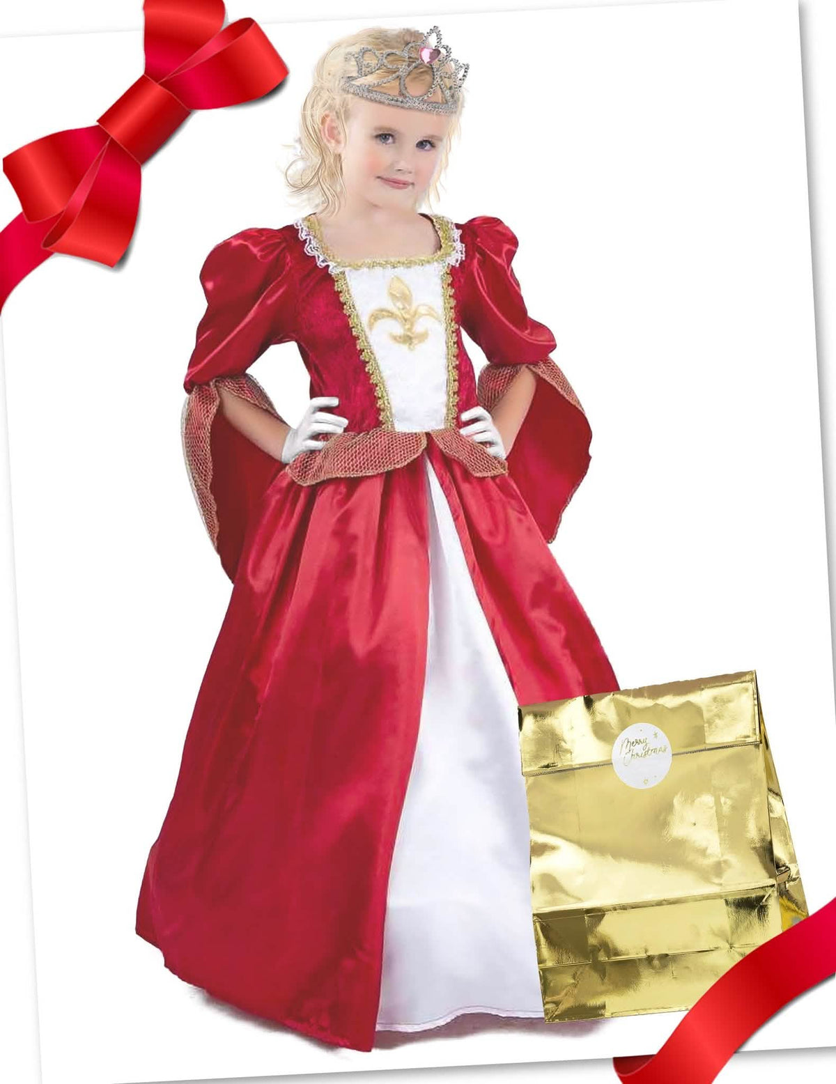 Mittelalterliches-Kostüm-Set Geschenke-Box für Mädchen rot-weiss-gold