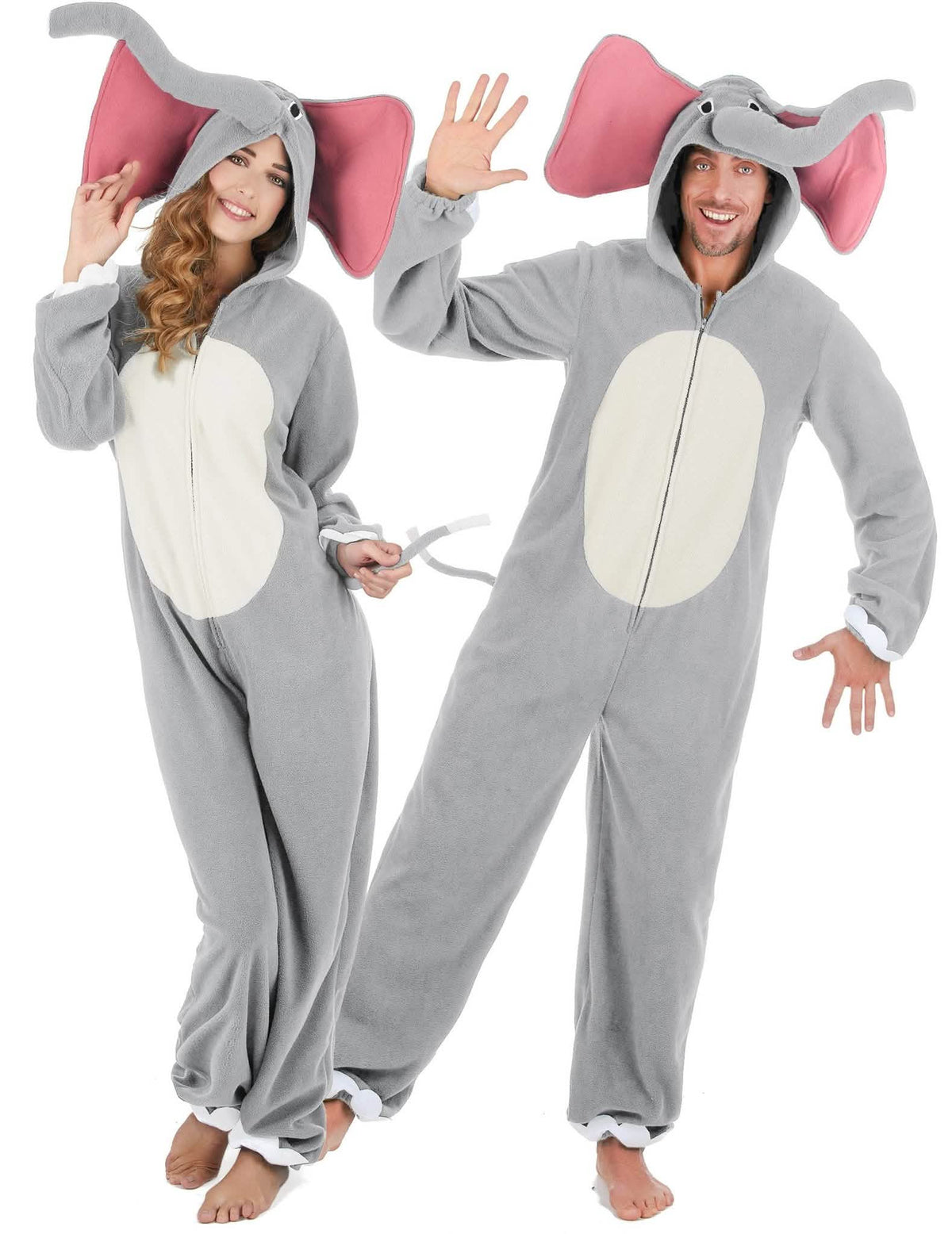 Elefanten-Paarkostüm für Erwachsene Tier-Overall grau-rosa-weiss