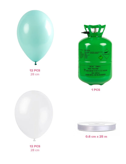 Heliumflaschen-Set mit 24 Ballons mintfarben-weiß
