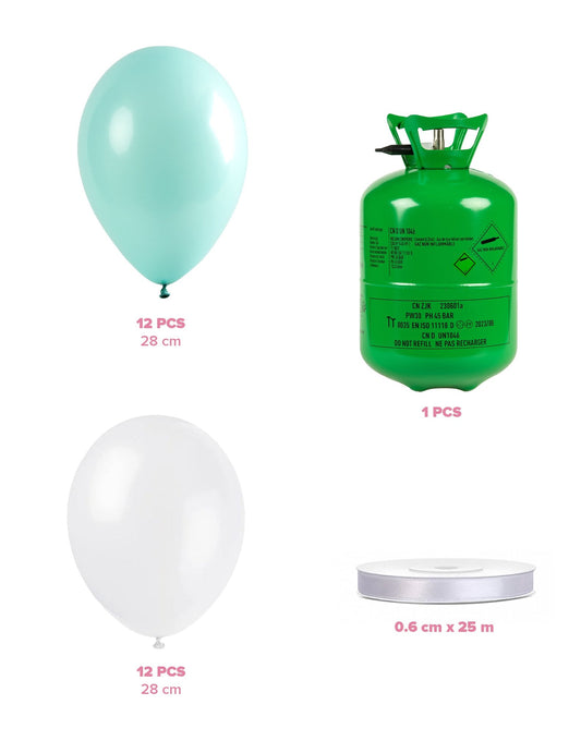 Kit bouteille d'hélium avec 12 ballons couleur menthe 12 ballons blancs et ruban