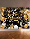 Toile de fond Happy New Year pour fête noir et or avec ballons et feux d'artifice