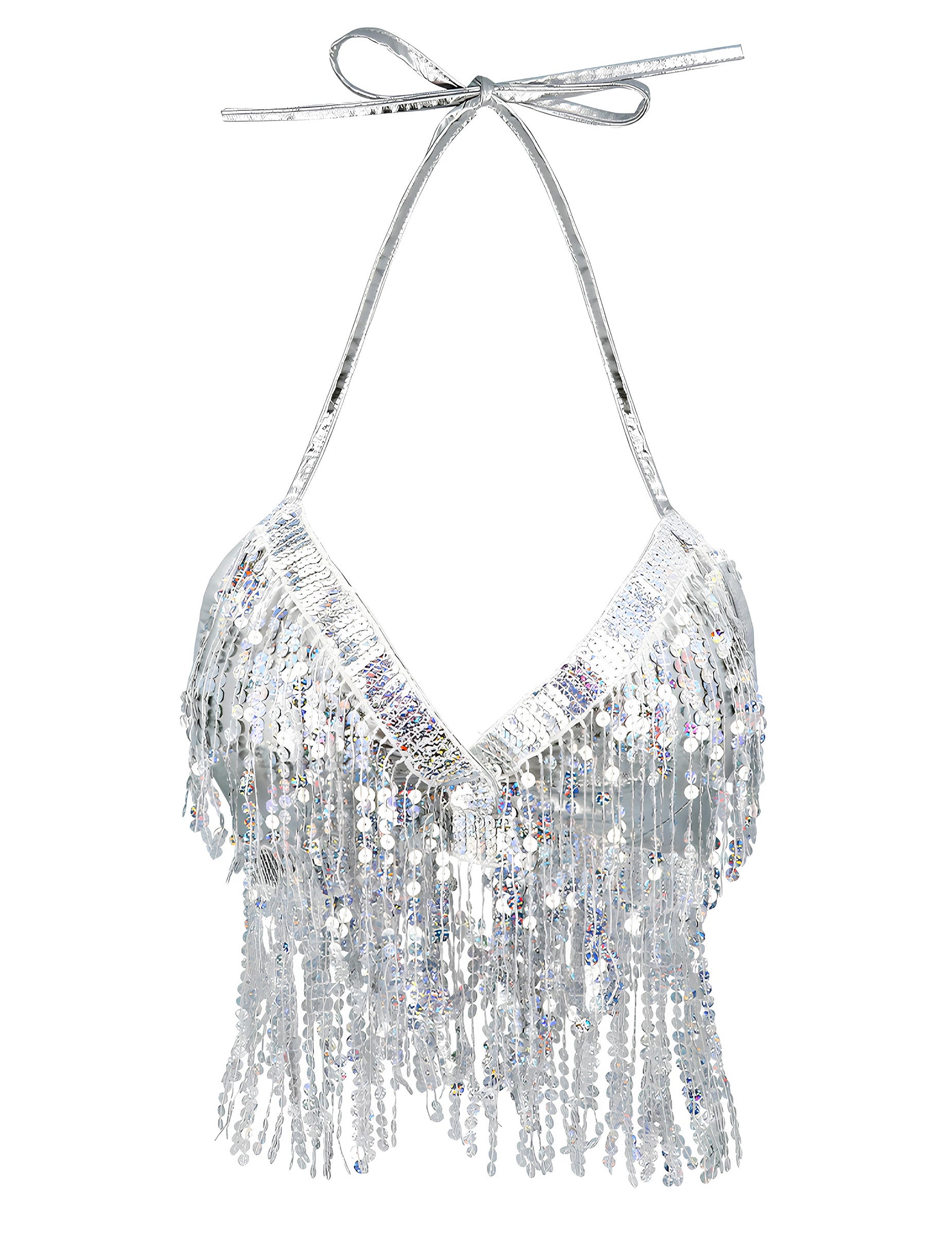 Vue de face du top avec franges et sequins pour femme