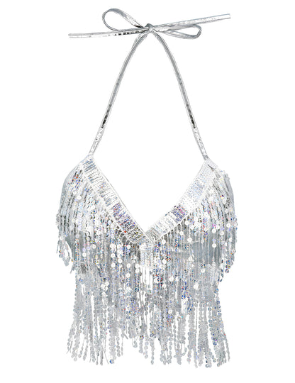 Vue de face du top avec franges et sequins pour femme