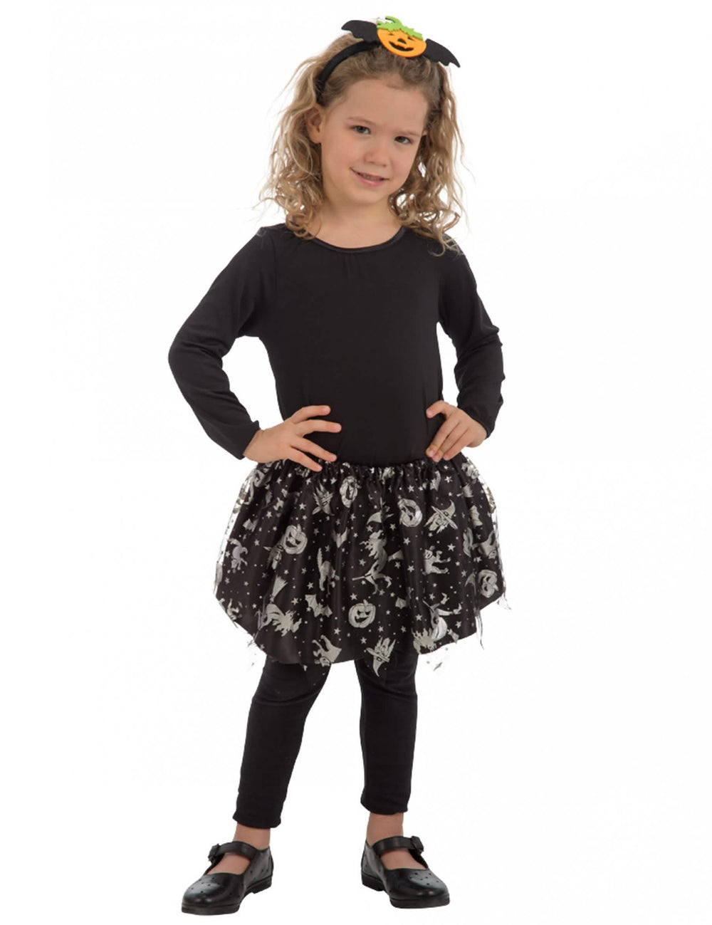 Tutu Halloween pour fille noir et argent avec motifs de citrouilles et sorcières