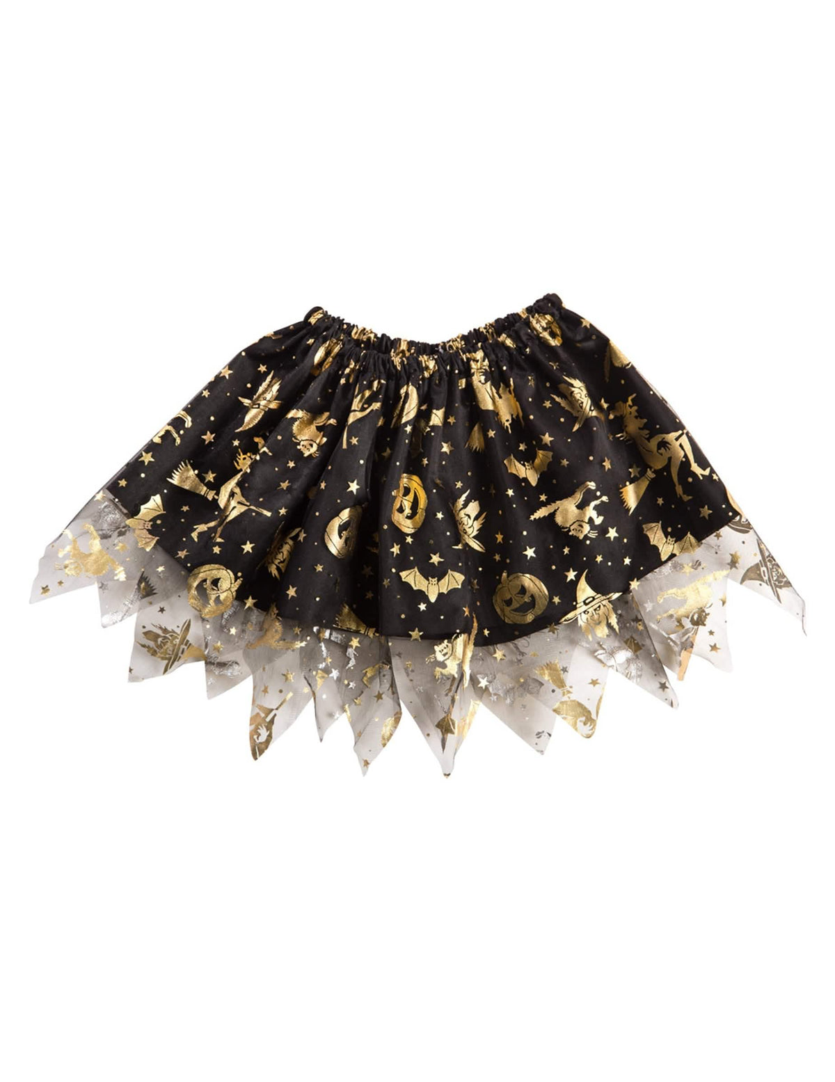 Detail der goldenen Motive und des Tülls des Halloween-Tutus für Mädchen