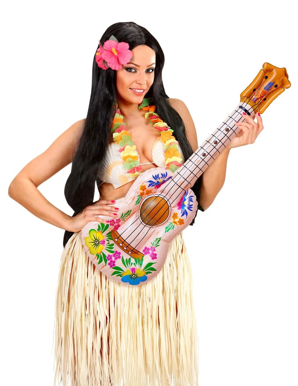 Aufblasbare hawaiianische Ukulele für Erwachsene mit rosa und gelben Blumenmotiven