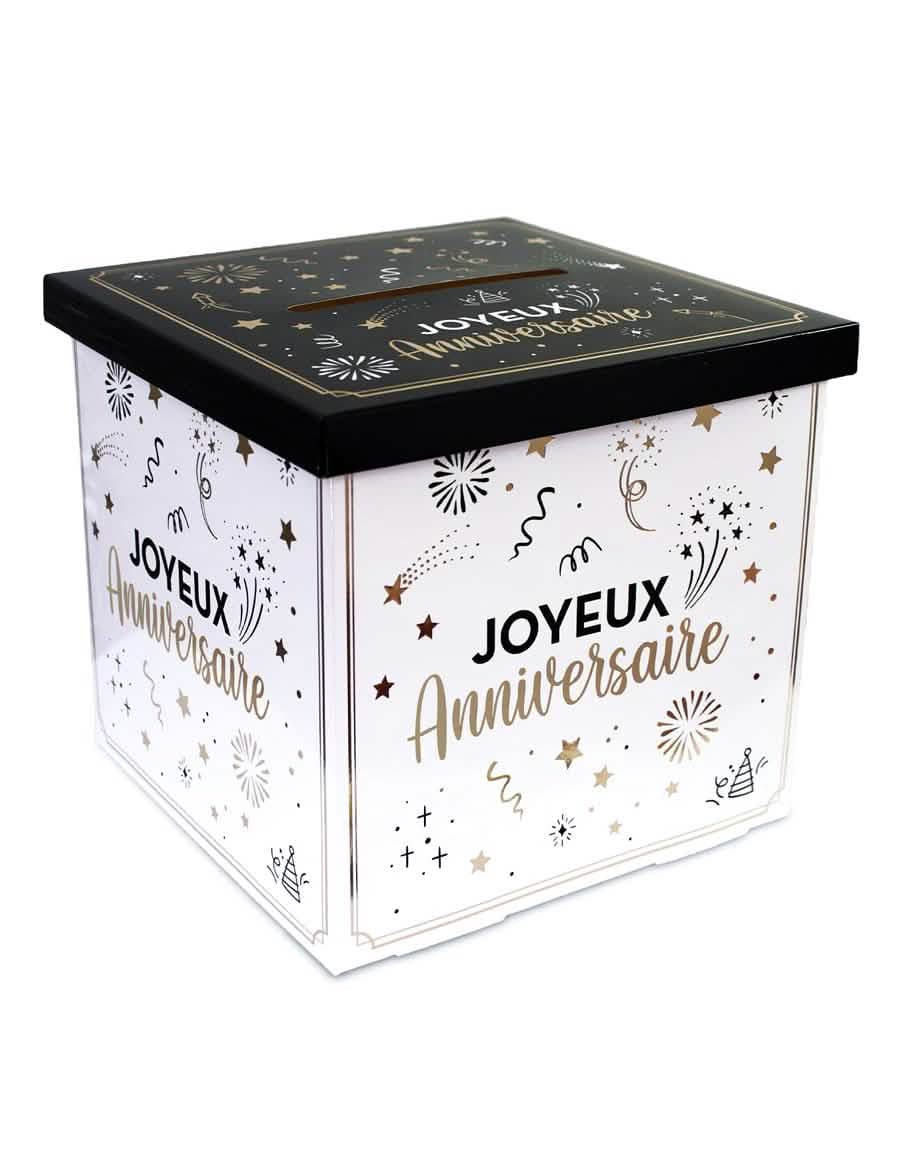 Urne en carton joyeux anniversaire pour adulte blanche dorée et noire