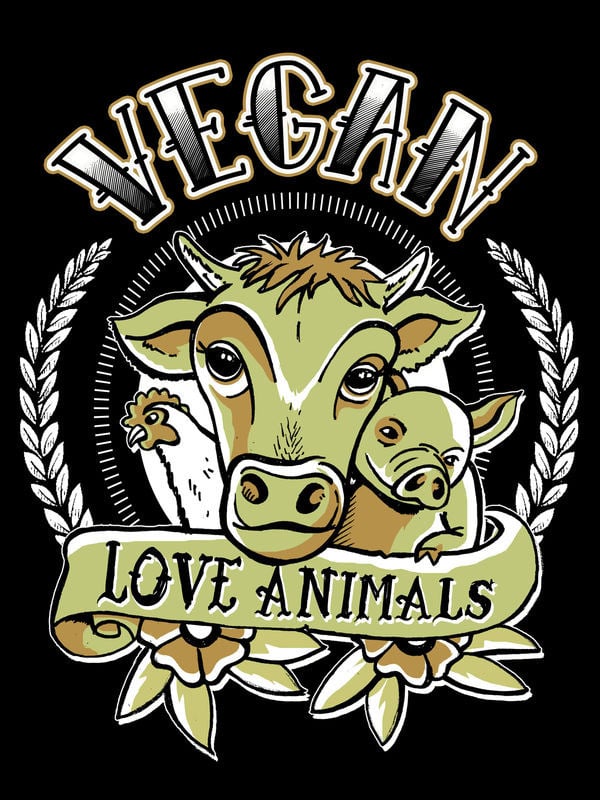 Gros plan sur le motif du T-shirt Vegan Love Animals