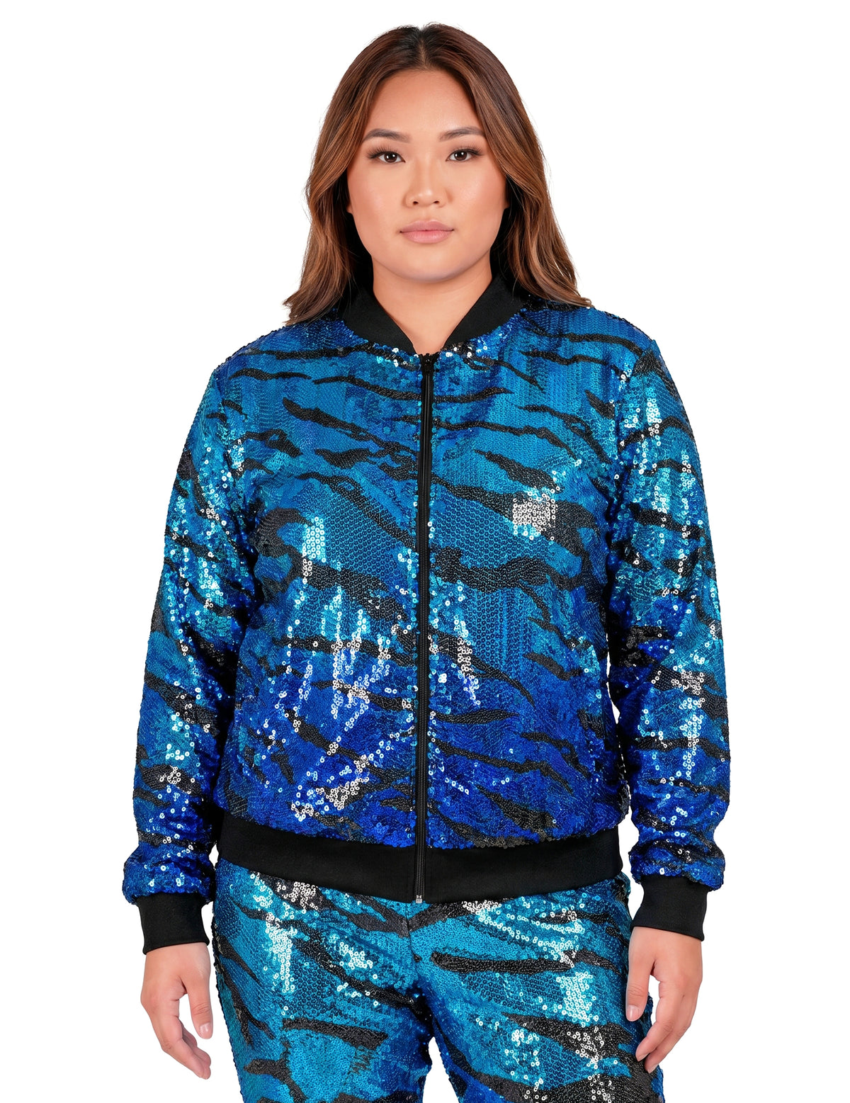 Blaue Pailletten Bomberjacke für Erwachsene