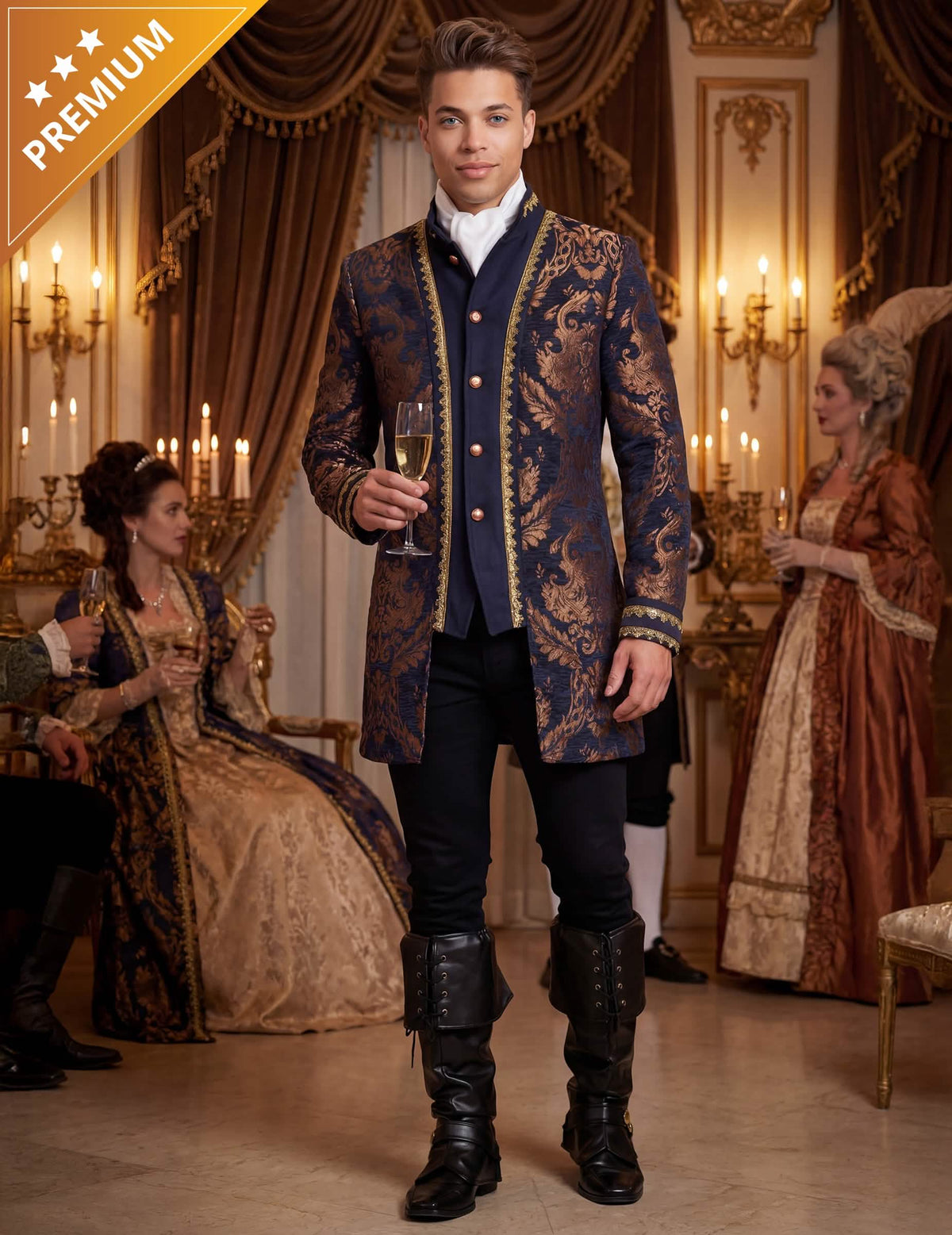 Blaue Barockjacke für Herren mit luxuriöser Stickerei