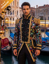Veste de carnaval haut de gamme pour homme couleurs fluo avec sequins et épaulettes dorées