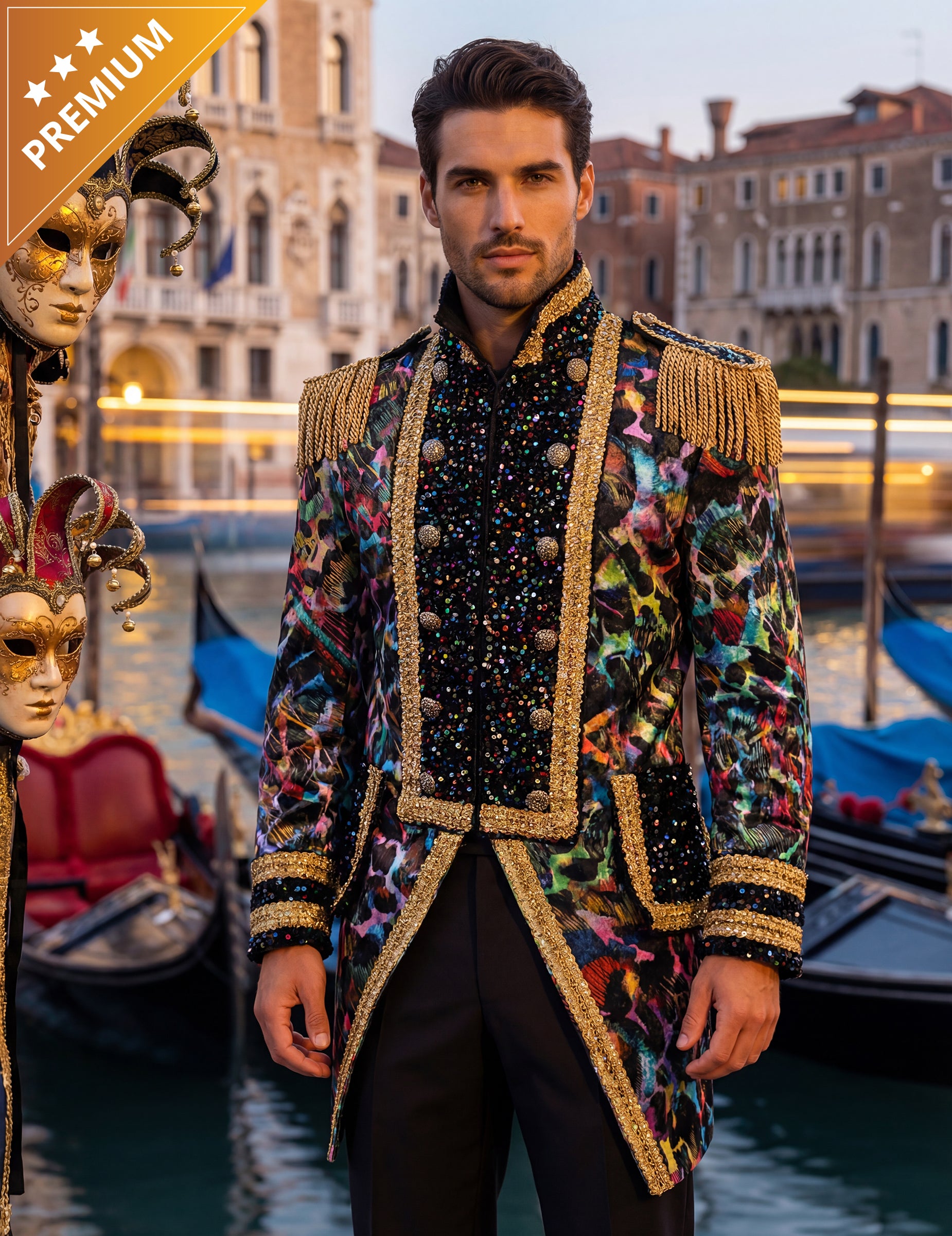 Veste de carnaval haut de gamme pour homme couleurs fluo avec sequins et épaulettes dorées
