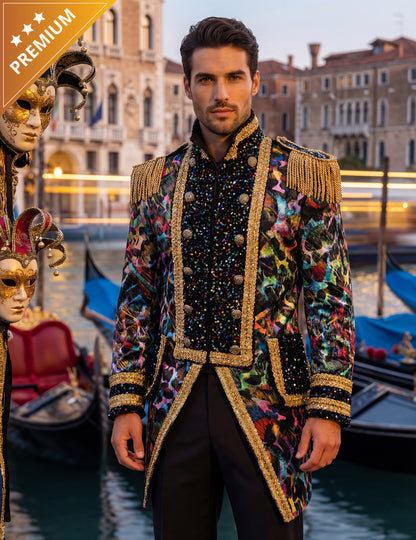 Veste de carnaval haut de gamme pour homme couleurs fluo avec sequins et épaulettes dorées