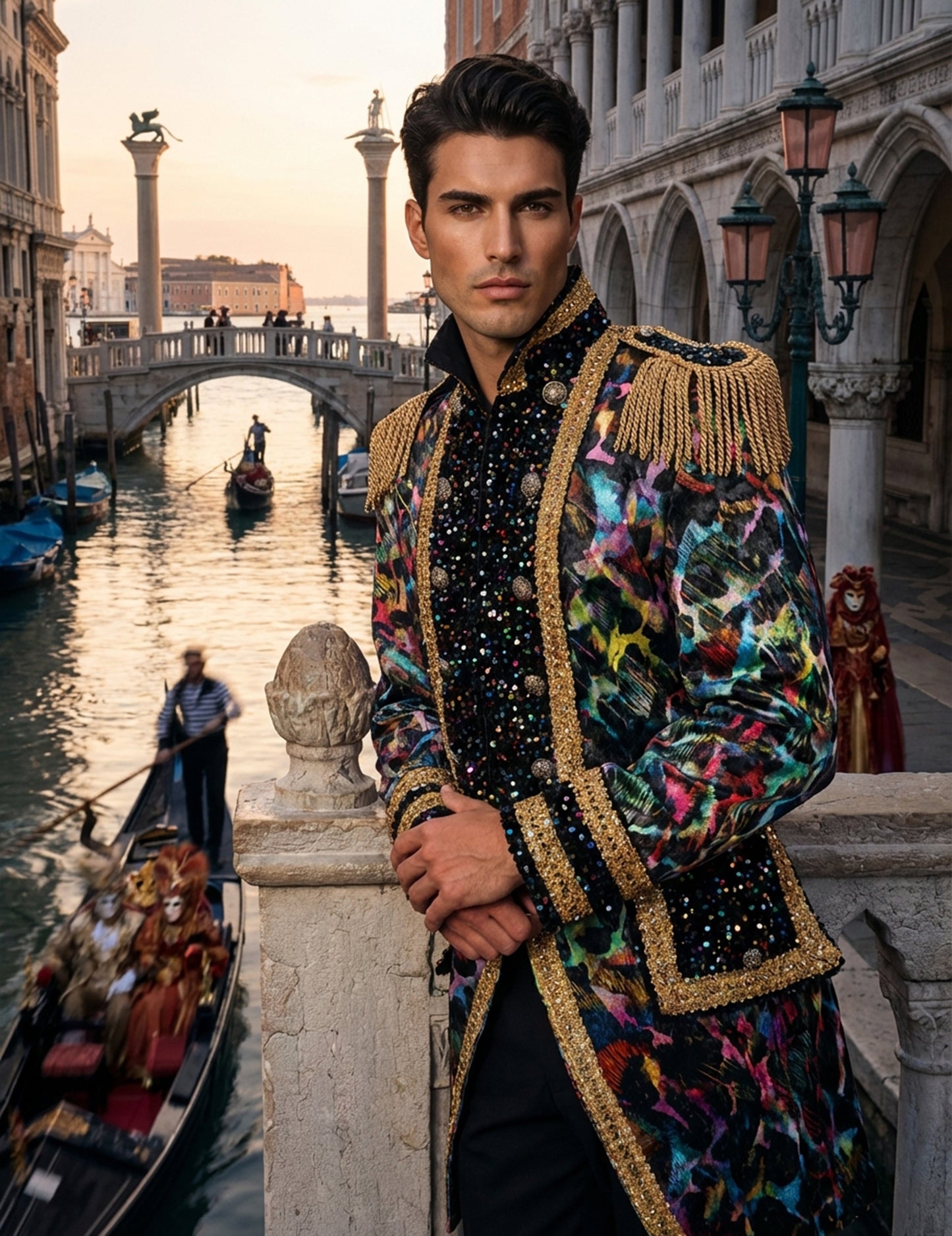 Détail des épaulettes et finitions de la veste de carnaval haut de gamme pour homme couleurs fluo