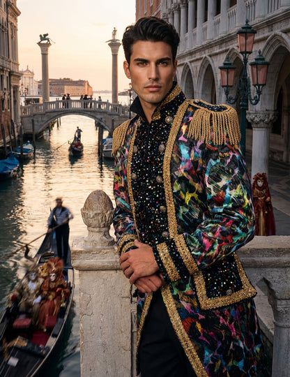 Détail des épaulettes et finitions de la veste de carnaval haut de gamme pour homme couleurs fluo