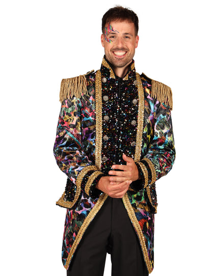 Gros plan sur le buste de la veste de carnaval haut de gamme pour homme couleurs fluo