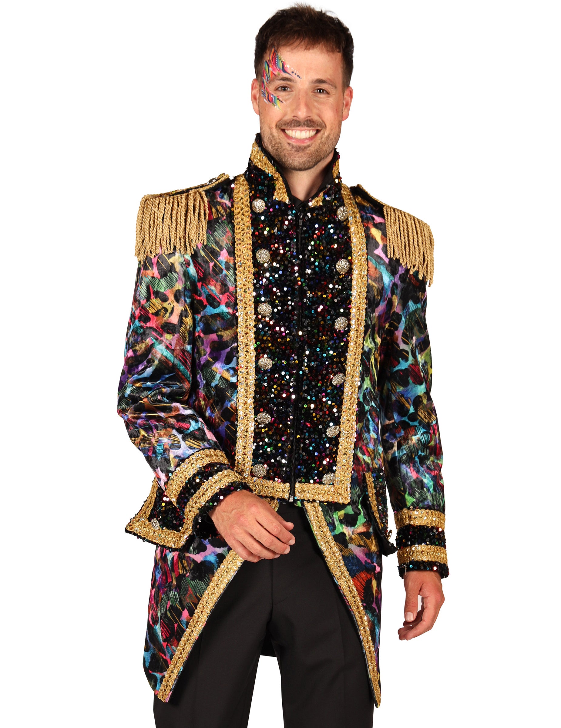 Vue de trois-quart de la veste de carnaval haut de gamme pour homme couleurs fluo