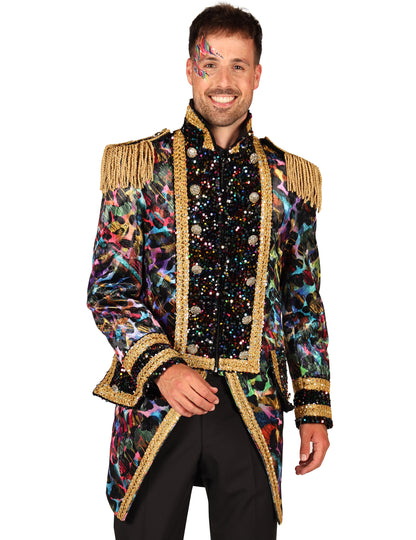 Vue de trois-quart de la veste de carnaval haut de gamme pour homme couleurs fluo