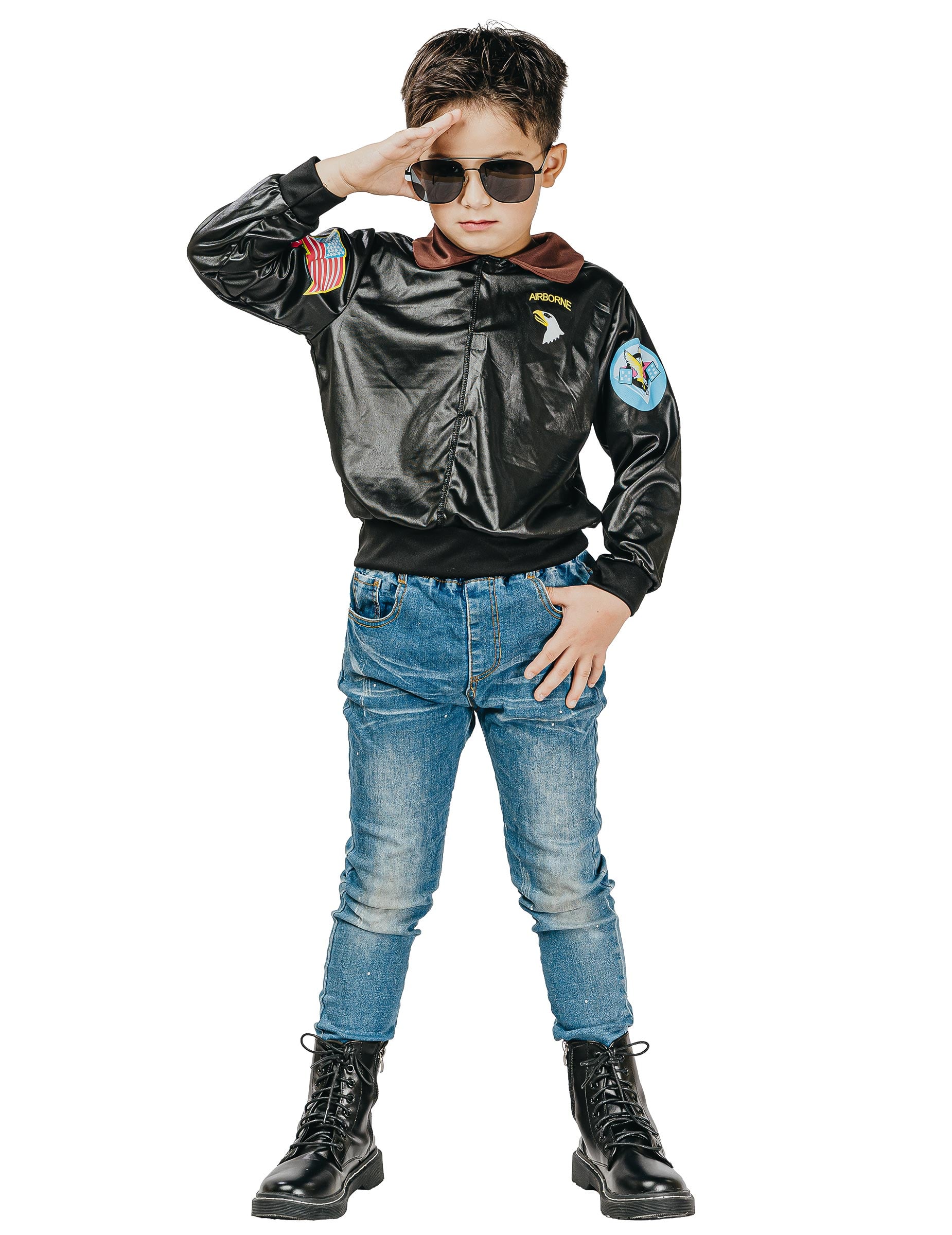Veste de pilote d'avion pour enfant noire avec écussons