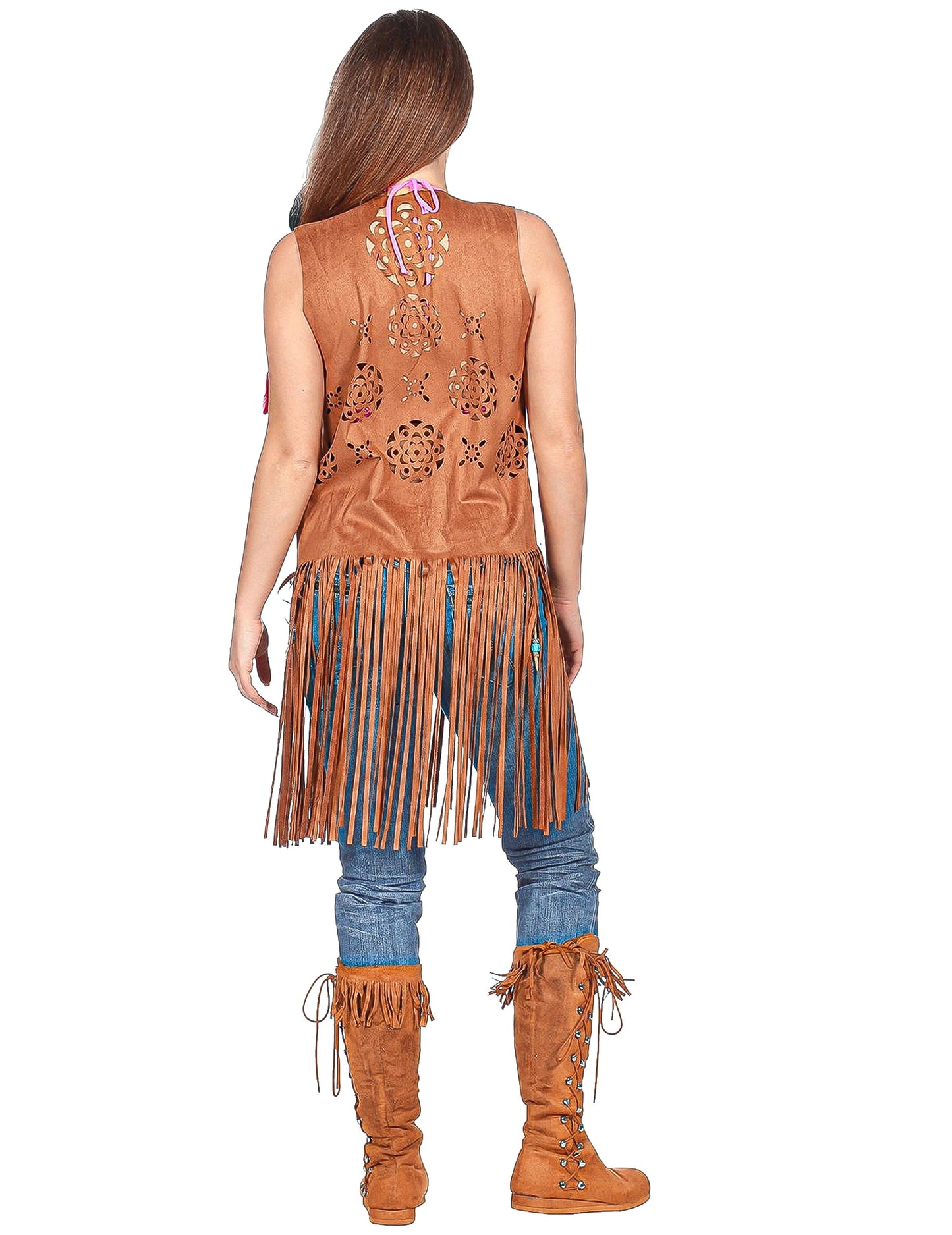 Braune lange Hippie-Damenjacke mit Fransen