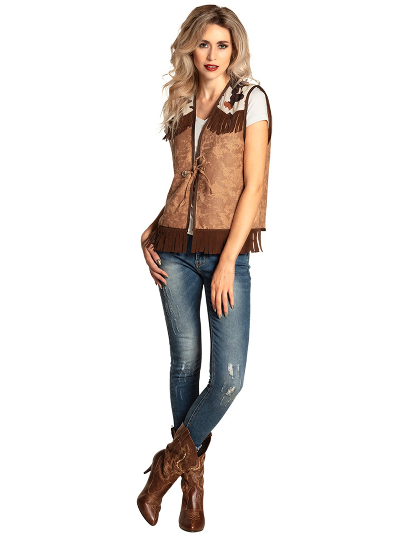 Veste western pour femme marron clair à franges