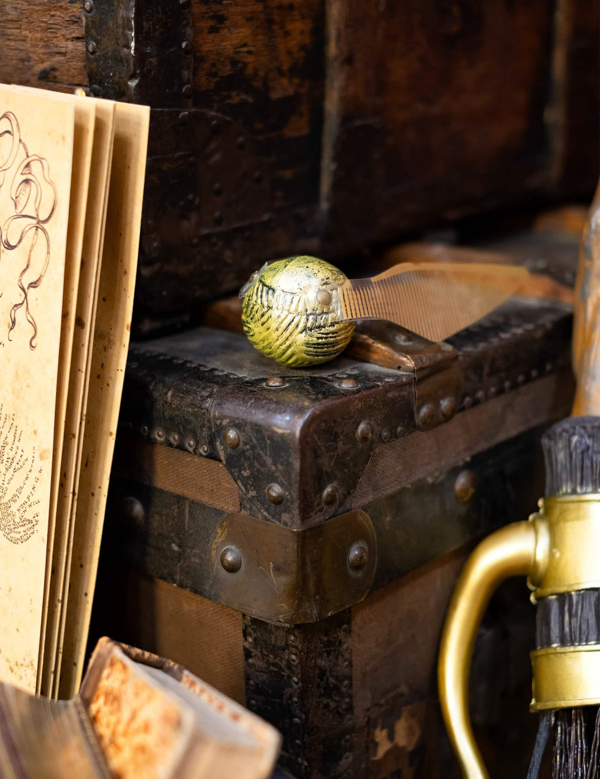 Inszenierung auf einer antiken Truhe des Accessoires Goldener Schnatz Harry Potter